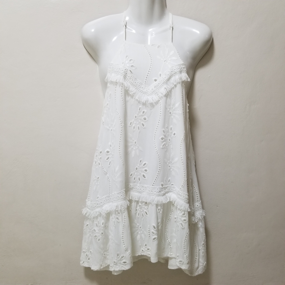 Sugar Lips Women Dress Halter Sleeveless Mini White Lace Frayed Racerback Sz S